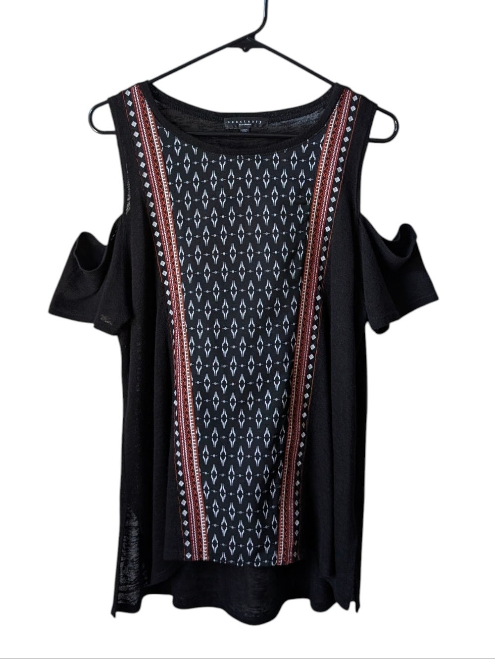 Sanctuary Cold-Shoulder Slub Knit Top Shirt with Geometric Print Size Medium